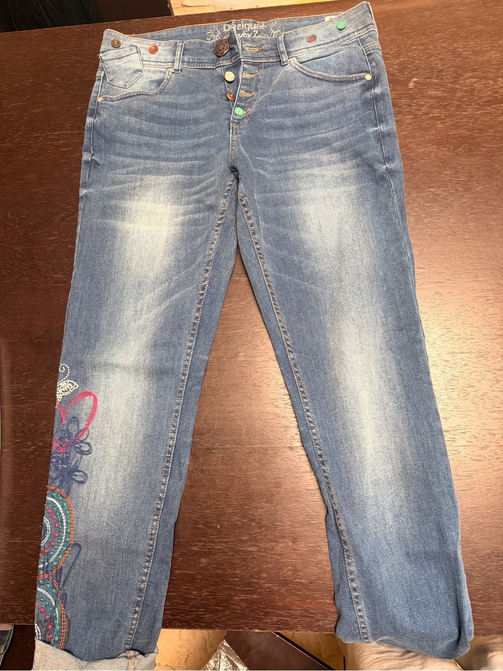 Desigual Blue Denim Jeans with Multicolor Embroidery